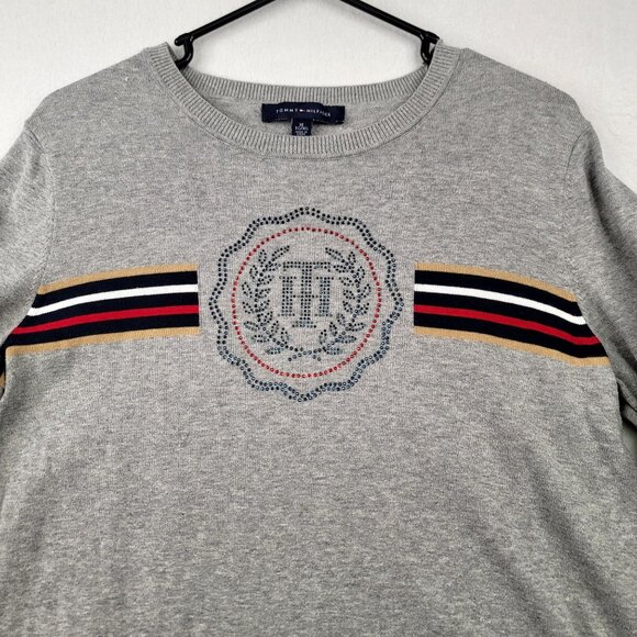 Tommy Hilfiger Womens XL Gray Crewneck Sweatshirt Striped Studded Logo - Picture 3 of 9